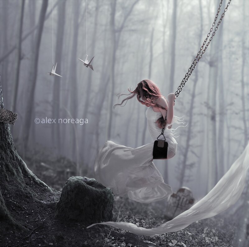 Woman on Swing in Forest — White, Ethereal