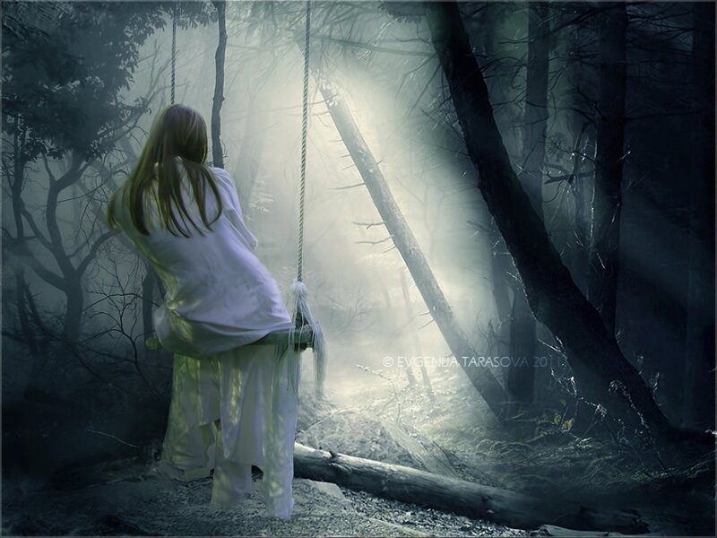 Woman on Swing in Forest — White, Mysterious