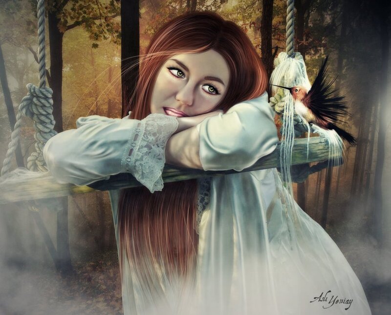 Woman on Swing in Forest — White, Serene