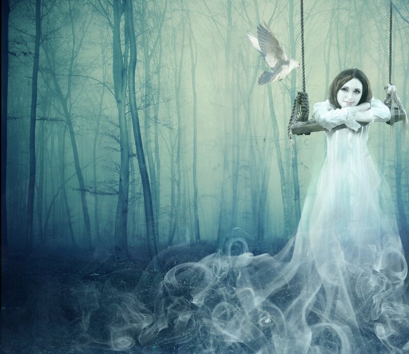 Woman on Swing in Forest — White
