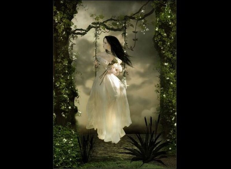 Woman on Swing in Garden — White
