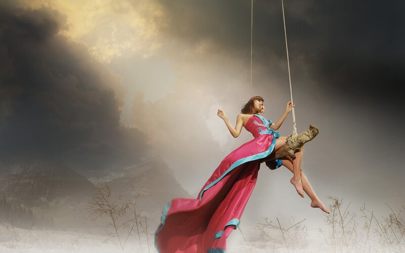 Woman on Swing — Pink, Dramatic