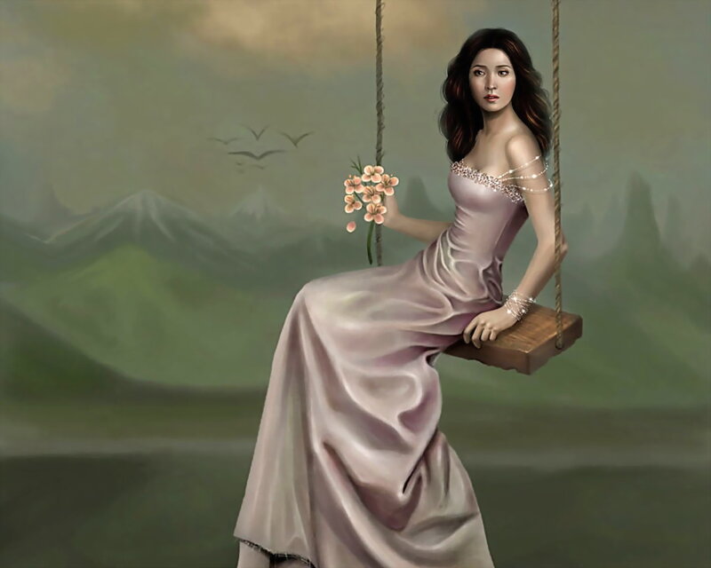 Woman on Swing — Pink, Serene, Digital Art