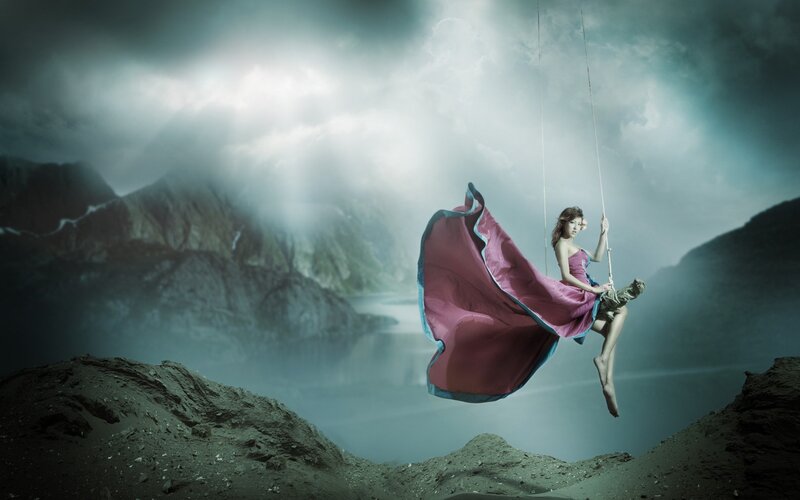 Woman on Swing — Purple, Dramatic