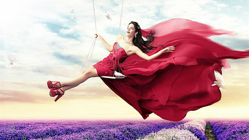 Woman on Swing — Red, Dreamy