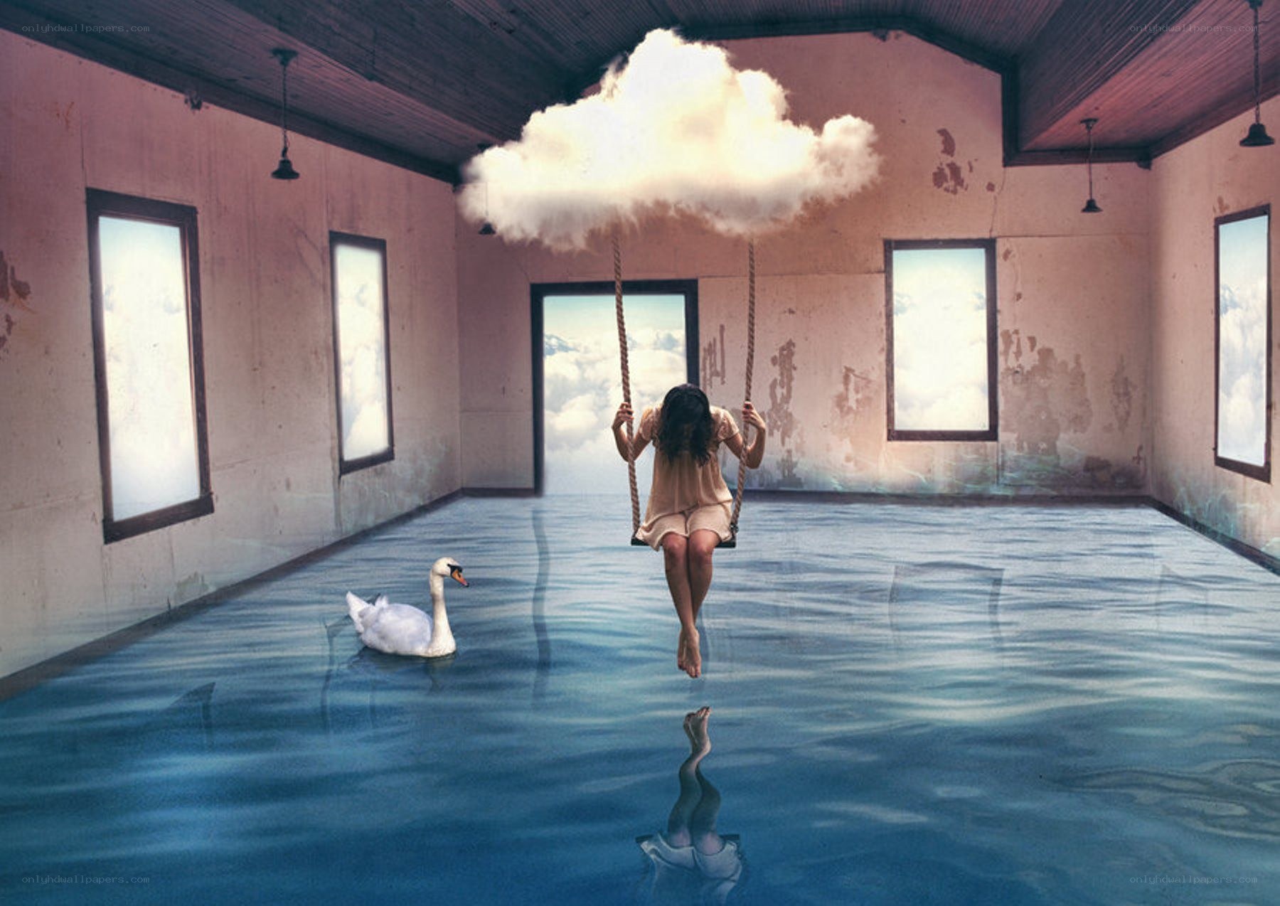 woman on swing under cloud