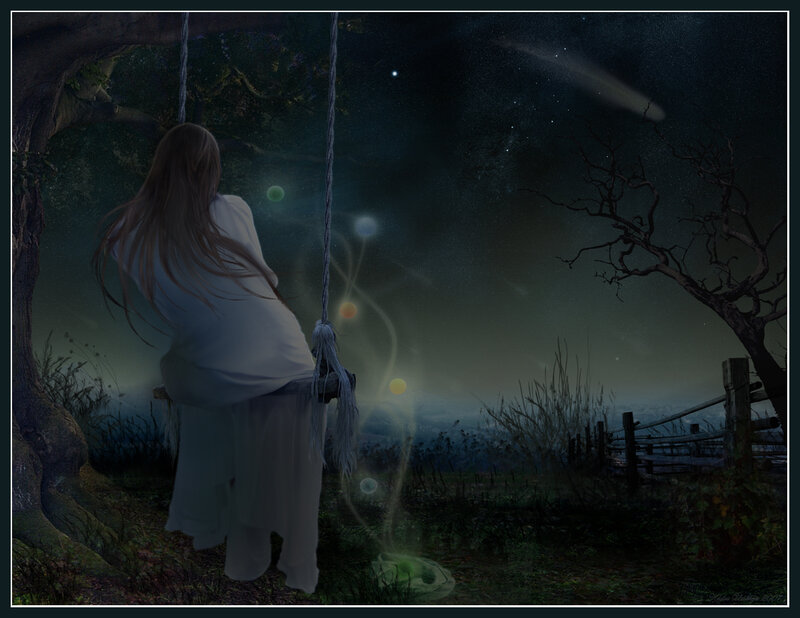 woman on swing under stars
