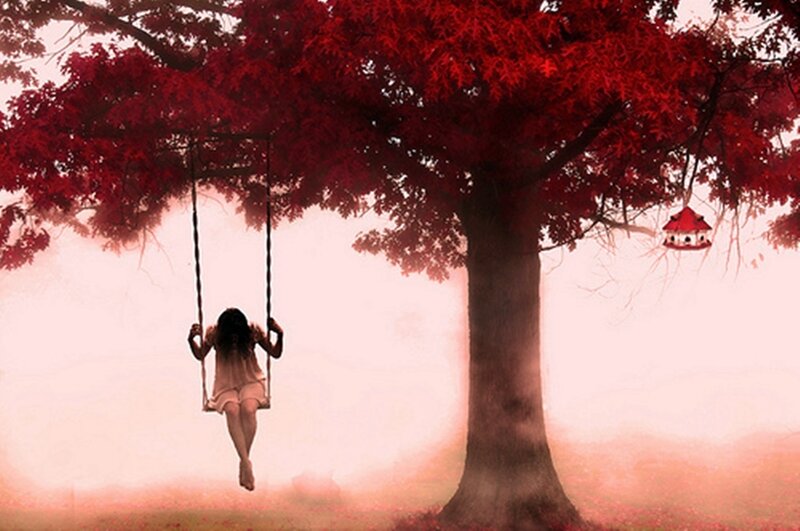 Woman on Swing under Tree — Red