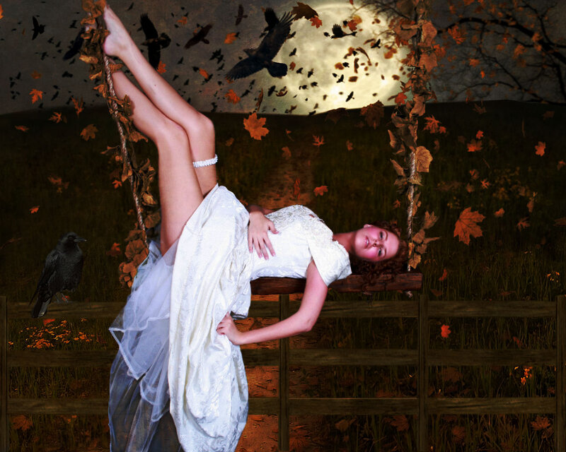 Woman on Swing — White, Dreamy, Night
