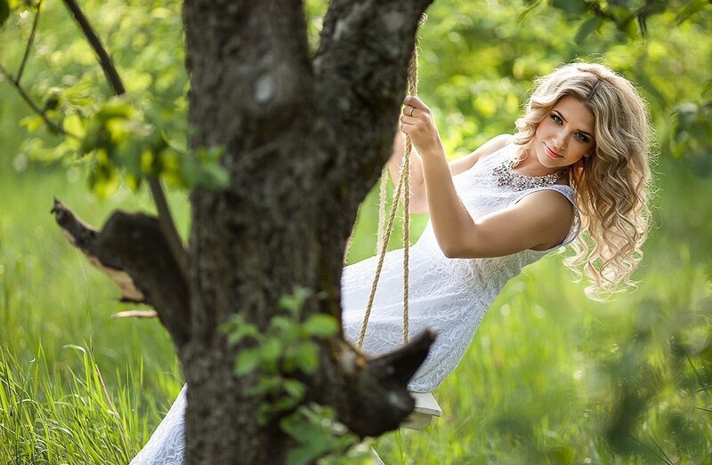 Woman on Swing — White, Serene, Afternoon, Photograph, Tree