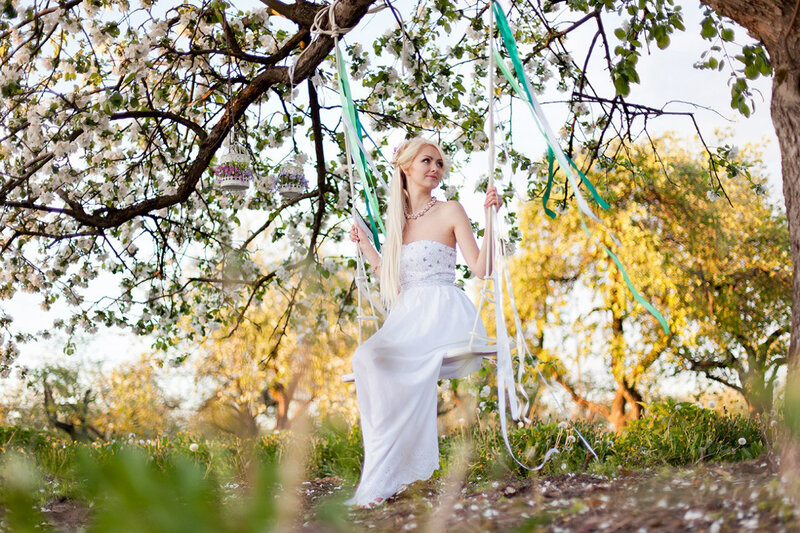 Woman on Swing — White, Serene, Spring, Photograph