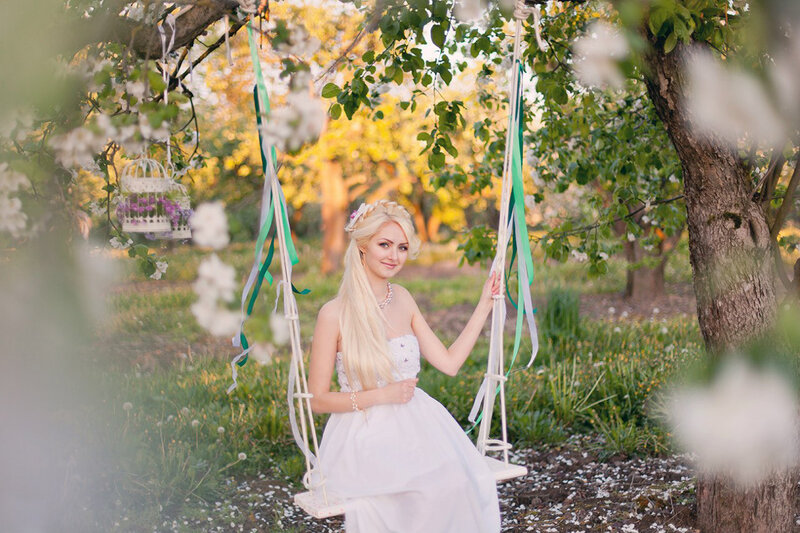 Woman on Swing — White, Serene, Spring, Photograph, Tree