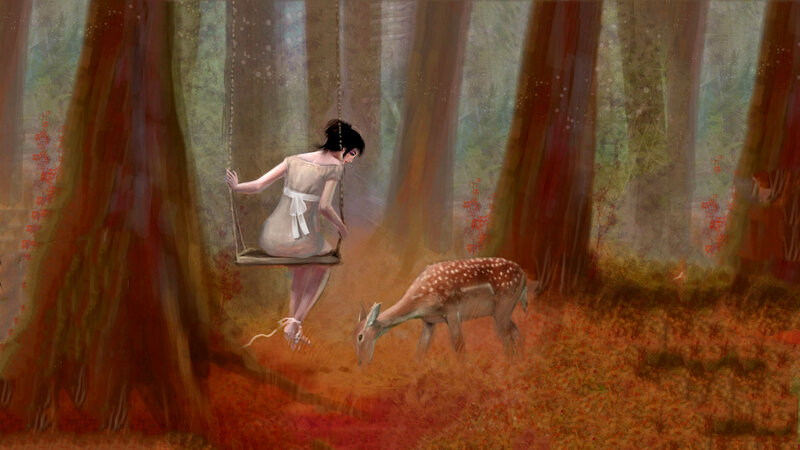 Woman on Swing with Deer — Brown, Serene