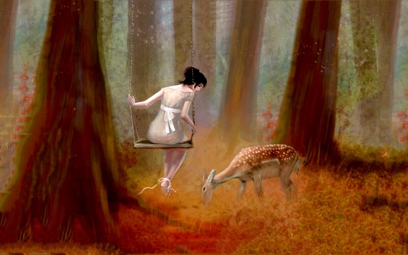 Woman on Swing with Deer — Brown