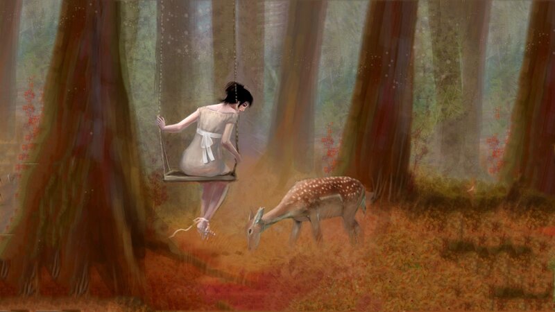 Woman on swing with deer in forest