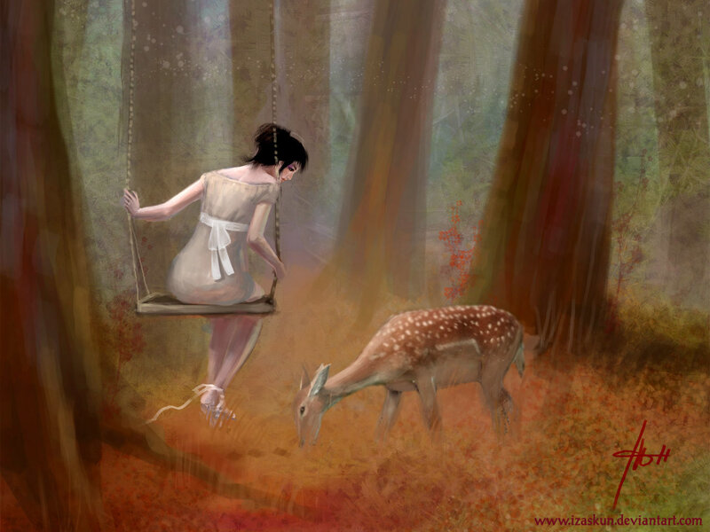 Woman on Swing with Deer
