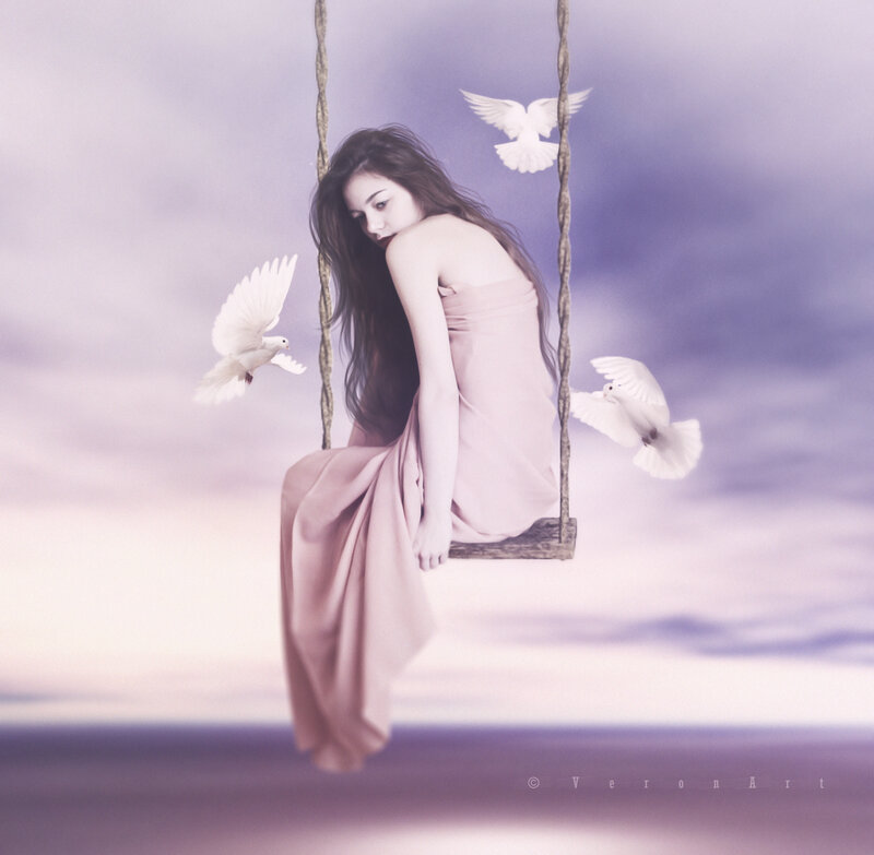 Woman on Swing with Doves — Purple