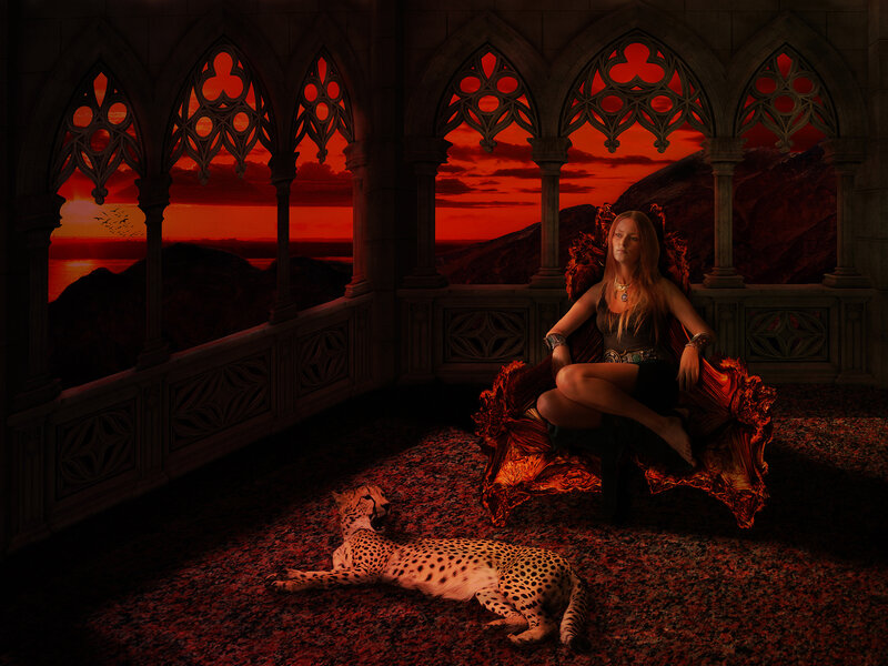 Woman on Throne with Cheetah