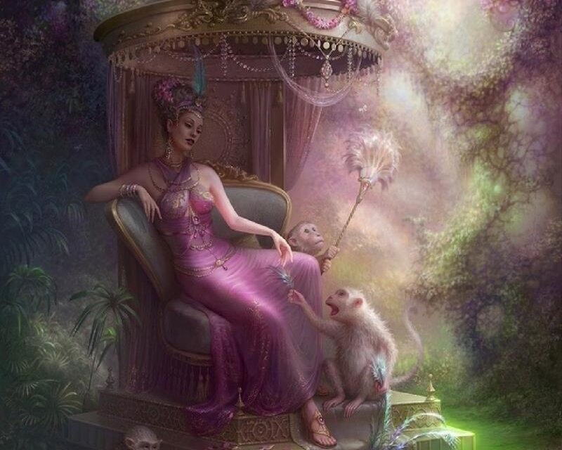 Woman on Throne with Monkeys — Purple
