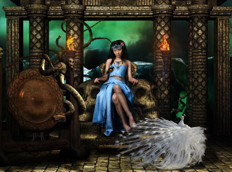 Woman on Throne with Peacock