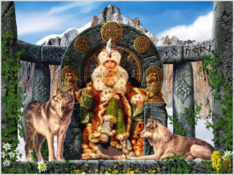 Woman on Throne with Wolves