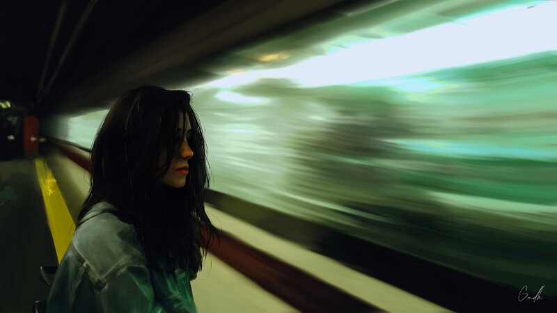 Woman on Train Platform — Green