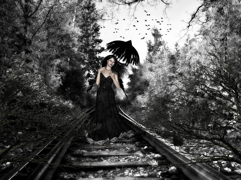 Woman on Train Tracks — Black, Dramatic, Digital Art, Crows