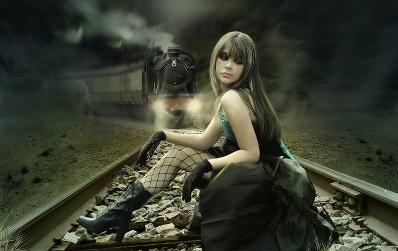 Woman on Train Tracks — Black, Dramatic, Digital Art, Smoke, Gloves