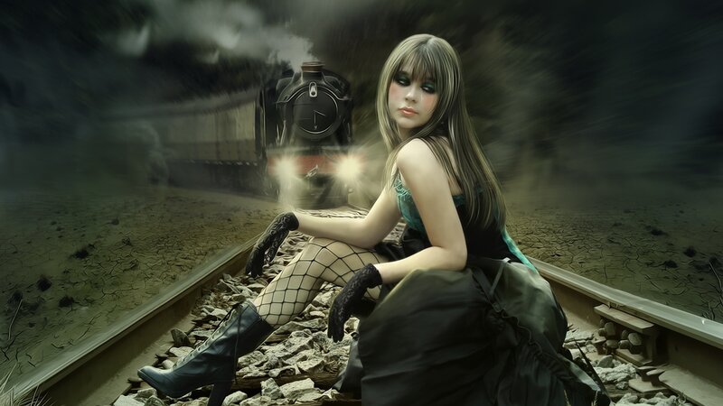 Woman on Train Tracks — Black, Dramatic, Digital Art, Smoke