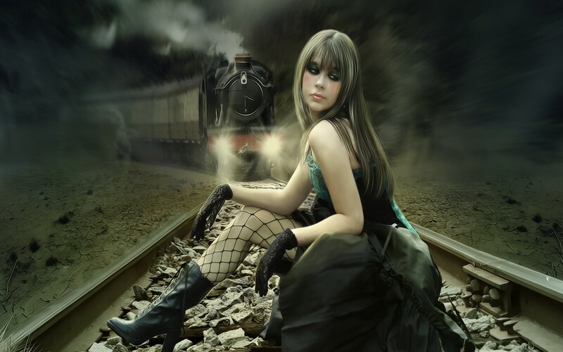 Woman on Train Tracks — Black, Dramatic, Digital Art, Tights