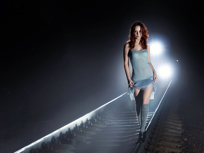 Woman on Train Tracks — Black, Dramatic, Night, Photograph