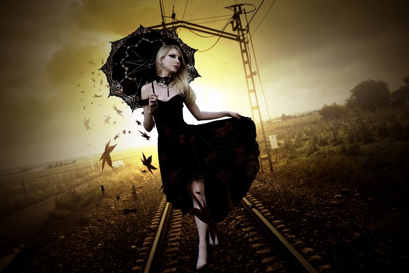 Woman on Train Tracks — Black, Dramatic, Sunset, Digital Art