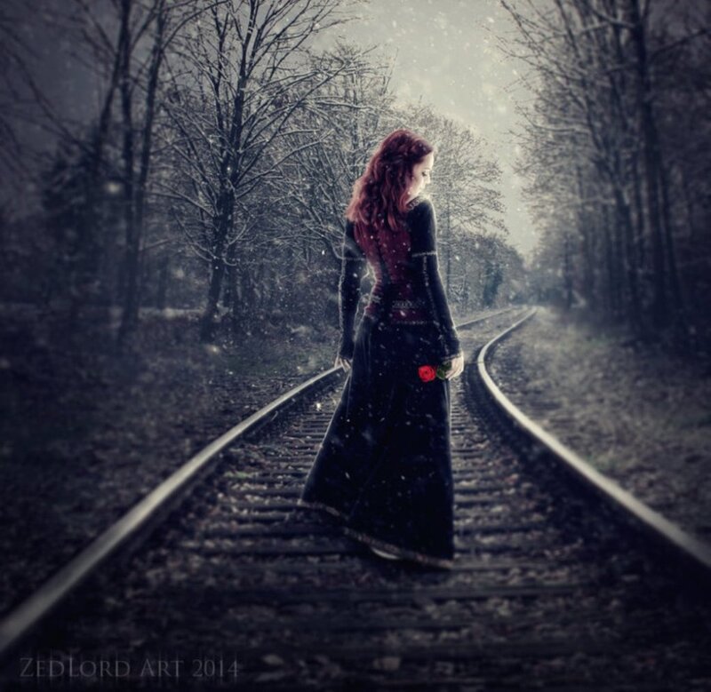 Woman on Train Tracks — Black, Melancholic