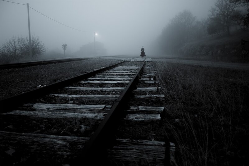 Woman on Train Tracks — Black, Somber