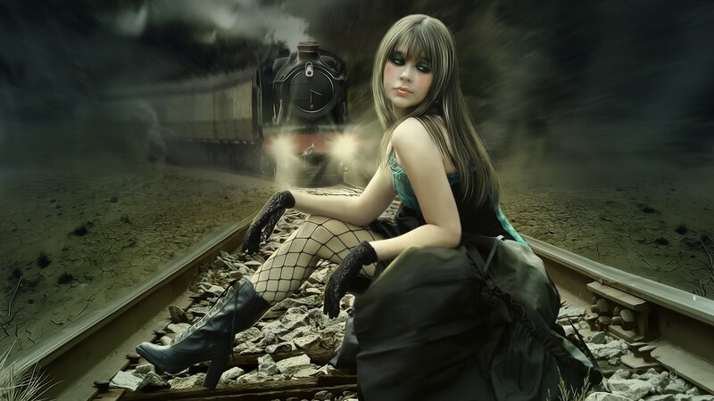 Woman on Train Tracks — Green, Dramatic