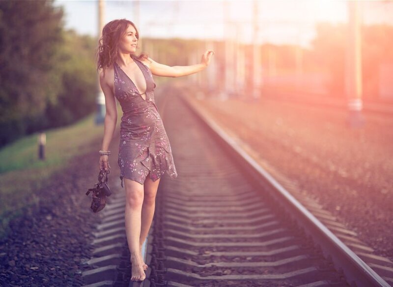 Woman on Train Tracks — Purple