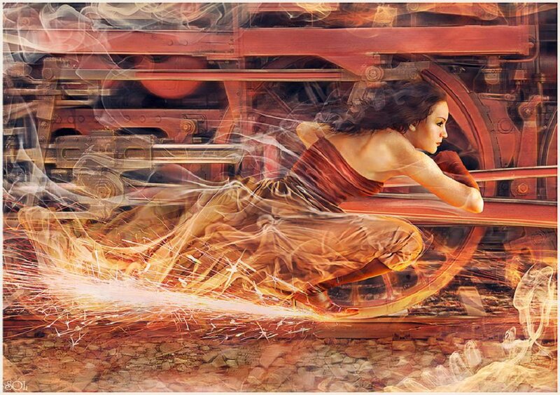 Woman on Train Tracks — Red