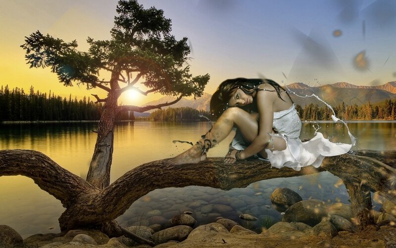 Woman on Tree Branch — Yellow, Serene