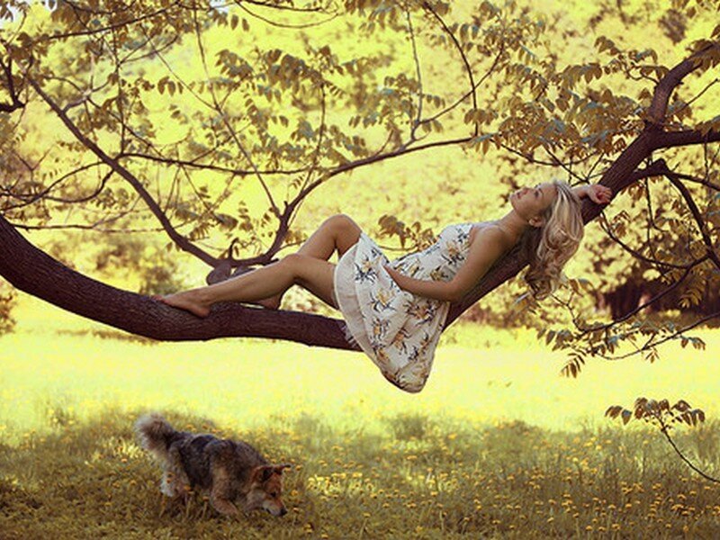 Woman on Tree Branch — Yellow
