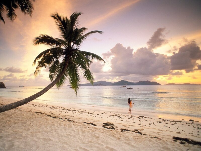 Woman on tropical beach at sunset