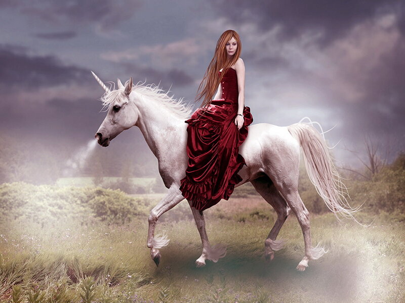 Woman on Unicorn — White, Dramatic, Digital Art
