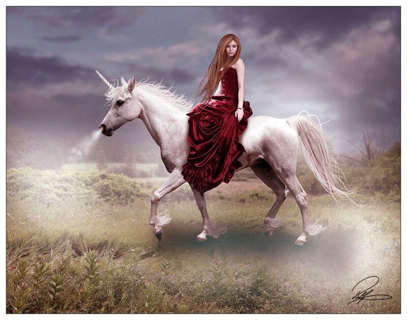 Woman on Unicorn — White, Dramatic