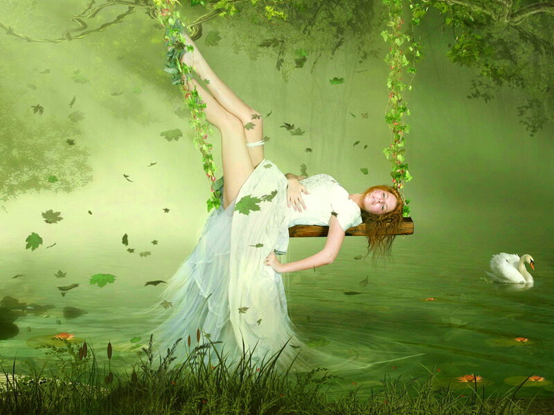Woman on Vine Swing — Green