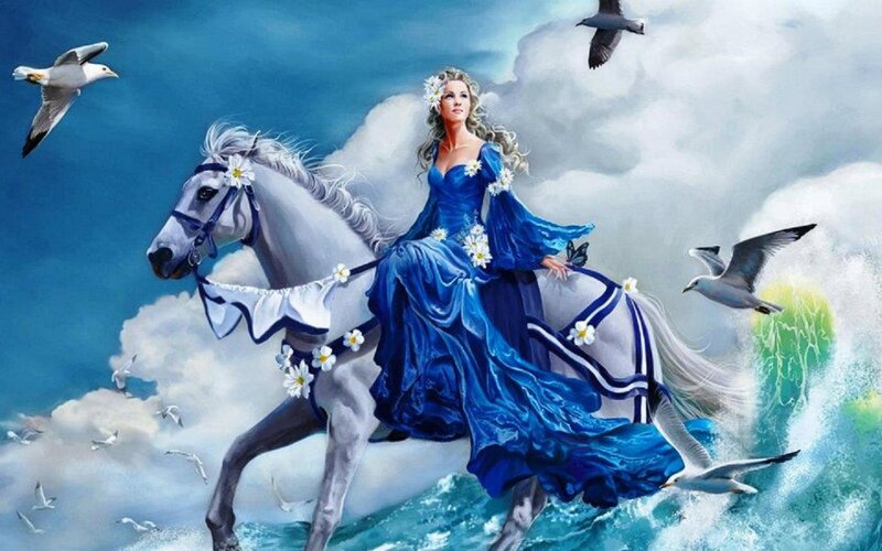 Woman on White Horse — Blue, Dramatic, Digital Art, Seagulls, Flowers