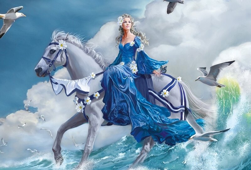Woman on White Horse — Blue, Dramatic, Digital Art