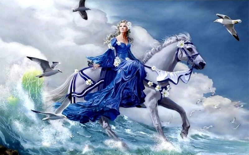 Woman on White Horse — Blue, Dramatic