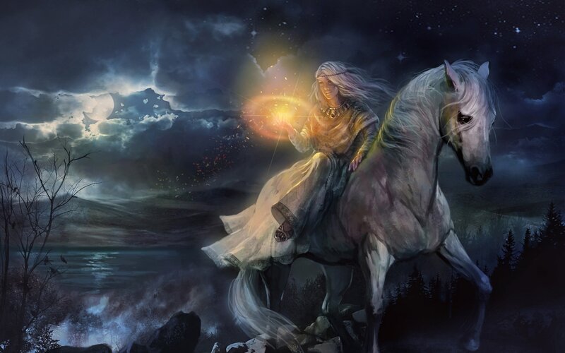 Woman on White Horse — Dark Blue, Dramatic, Night