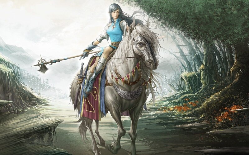Woman on White Horse — Dramatic, Digital Art, Spear