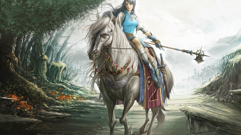 Woman on White Horse — Dramatic, Digital Art, Sword
