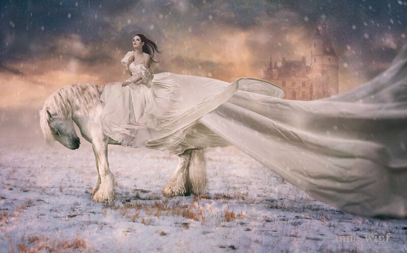 Woman on White Horse — Dramatic, Winter, Digital Art, Snow, Castle